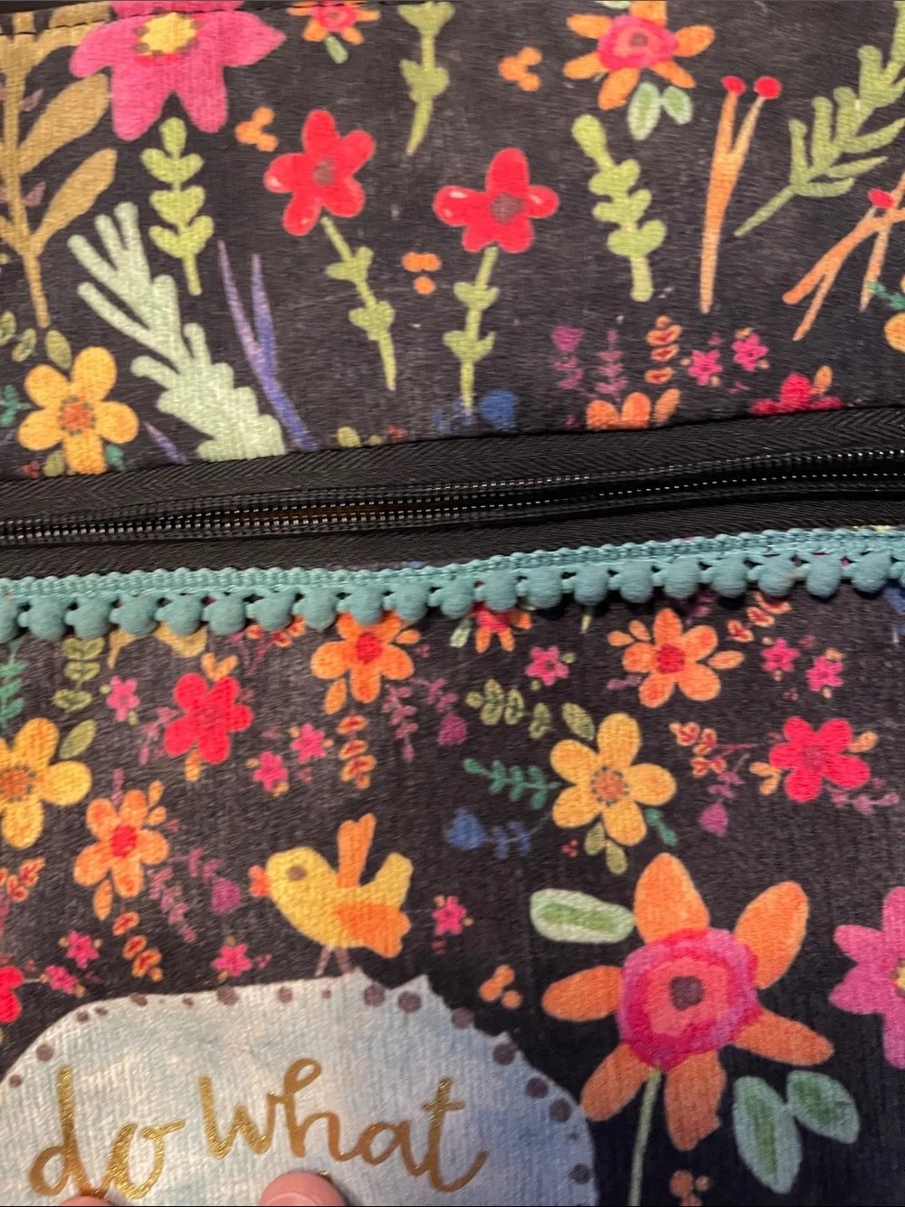 Natural Life Floral Canvas Padded Tote Bag with Tassel - Black Multi